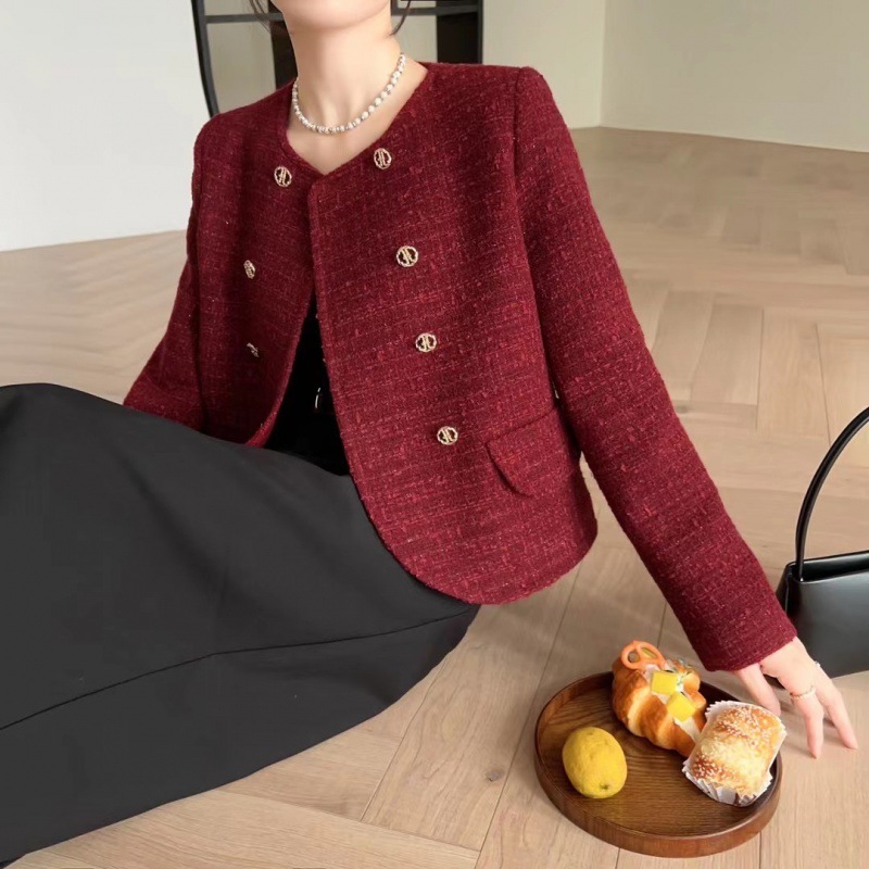 Red Double-Breasted Tweed Crop Jacket