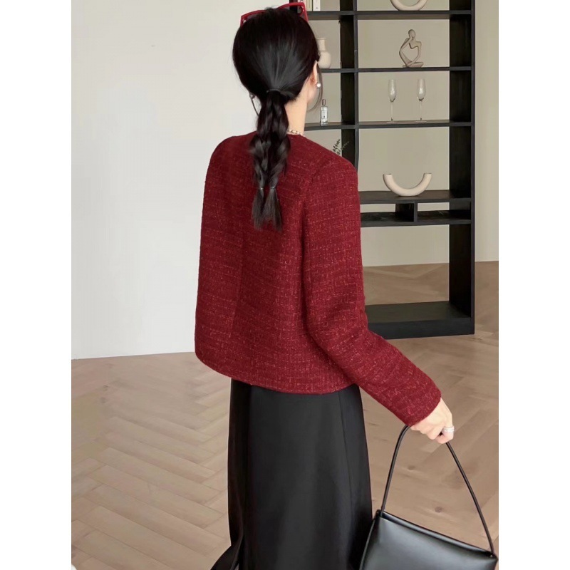 Red Double-Breasted Tweed Crop Jacket