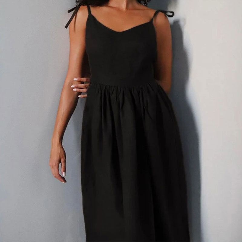 Backless Cotton Linen Lace Up Midi Dress
