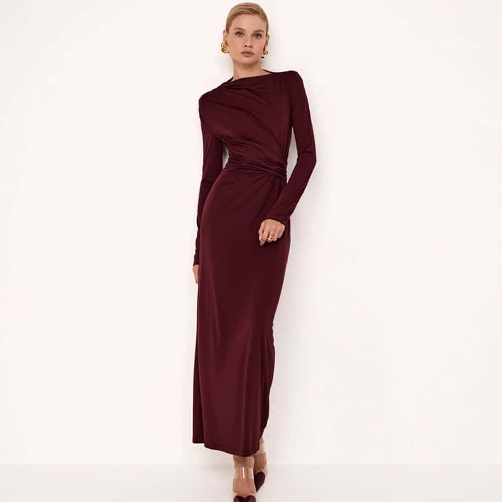 Long Sleeve Ruched Slit Maxi Dress