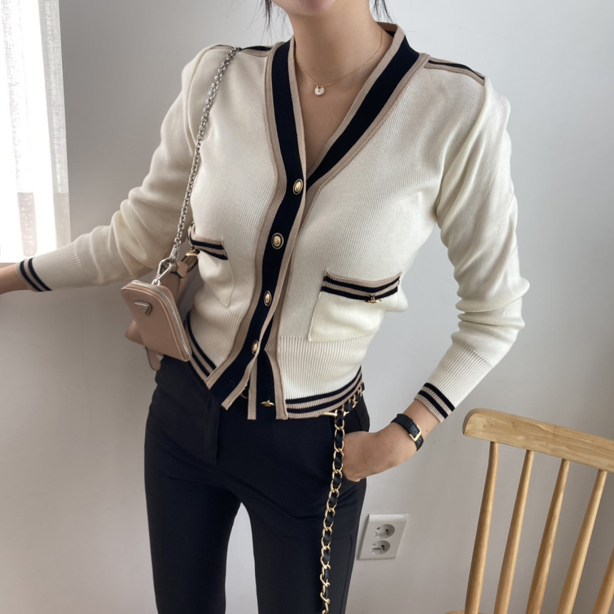 Contrast-Trim Metal Button Cardigan
