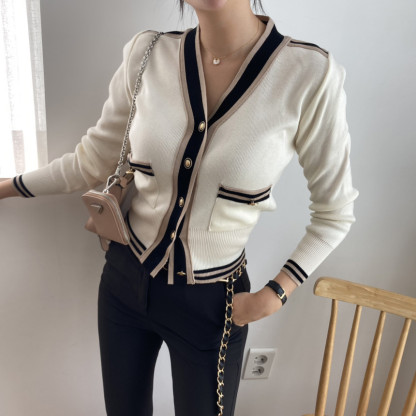 Contrast-Trim Metal Button Cardigan