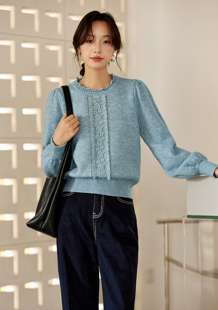 Lace Trim Crewneck Knit Sweater – Elegant Commuter Style