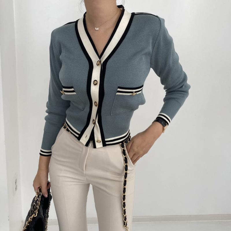 Contrast-Trim Metal Button Cardigan