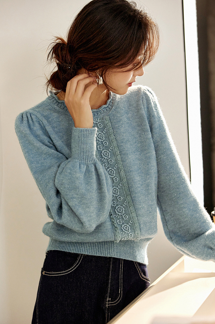 Lace Trim Crewneck Knit Sweater – Elegant Commuter Style