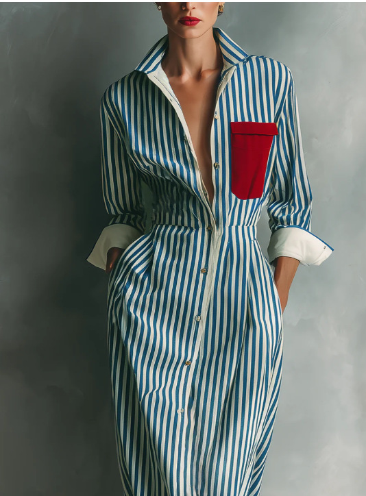 Striped Belted Tie Cuff Shirt Midi Dress