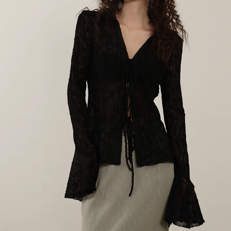 Chiffon Sheer Lettuce Trim Long Sleeve Shirt-J.ING