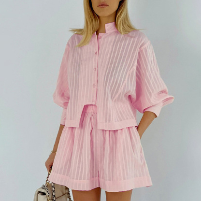 Pure Cotton Pinstripe Long-Sleeve Shorts Set