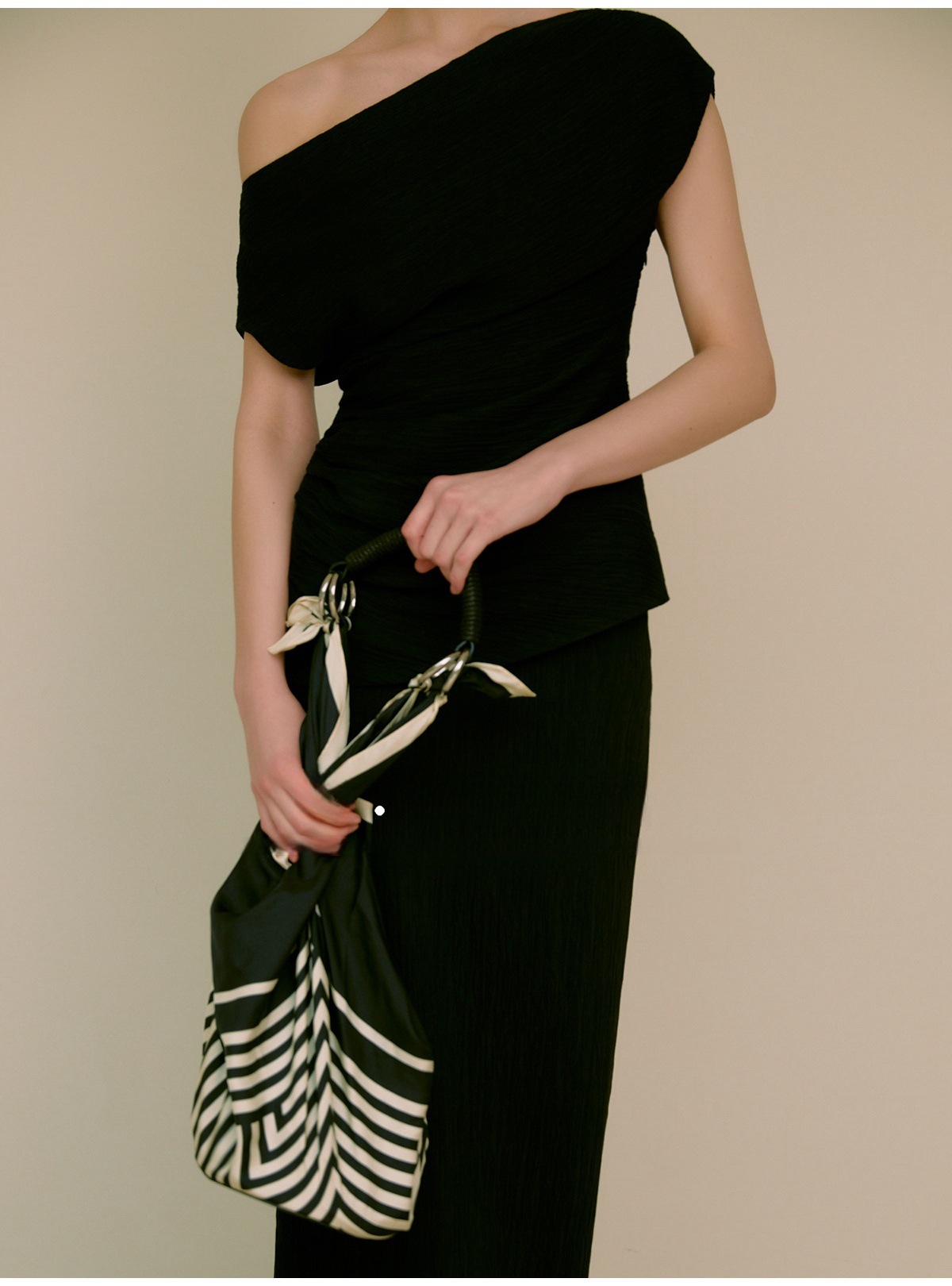 Asymmetrical Neck One Shoulder Off Pleated T-Shirt and skirt set