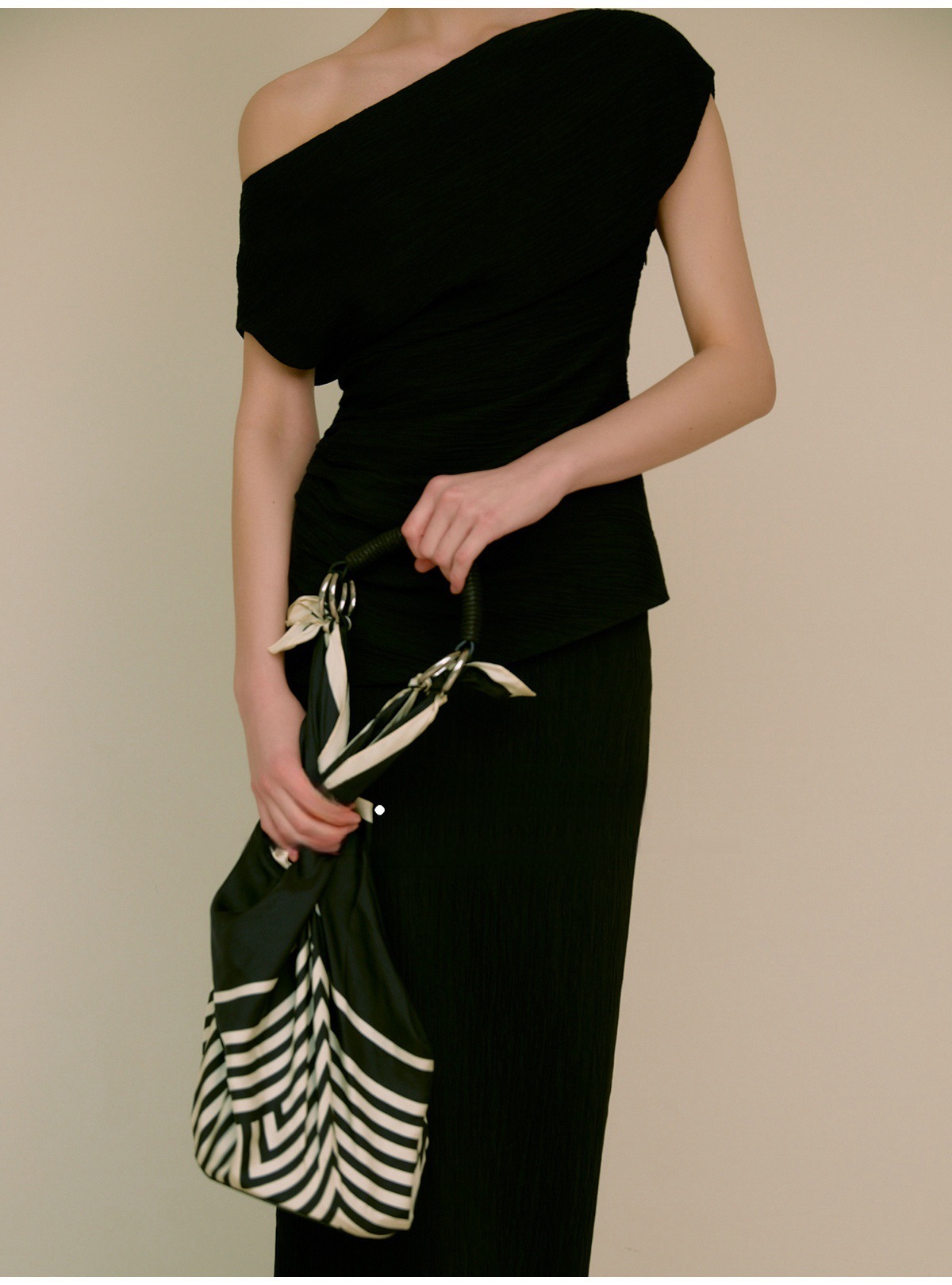 Asymmetrical Neck One Shoulder Off Pleated T-Shirt and skirt set