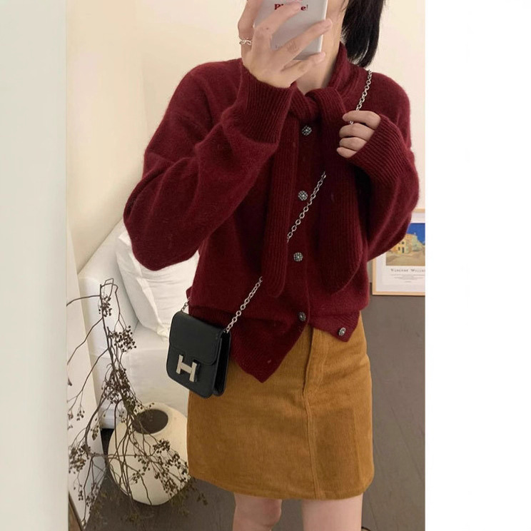 Tie-Neck Metal Button Knit Cardigan