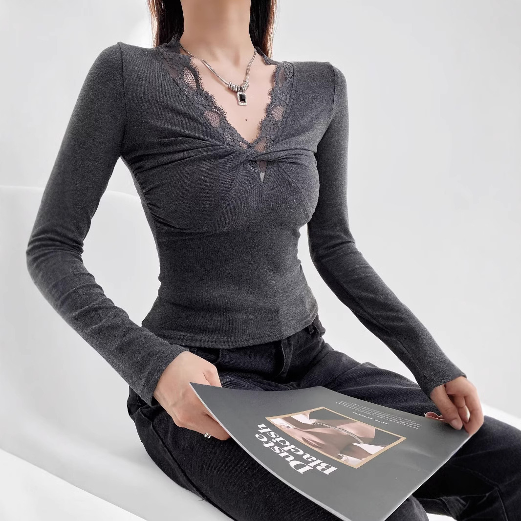 Lace-Trim V-Neck Knot-Front Top