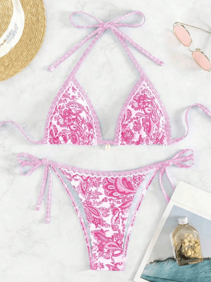 Printed Halter Knotted Bikini Set
