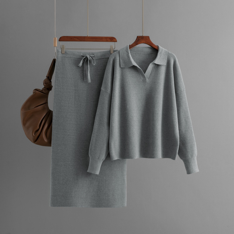 Polo-Neck Knit Top & Tie-Waist Midi Skirt Set