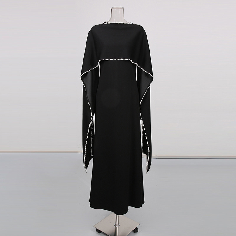 Wool Blend Knit Midi Dress With Cape Shrug