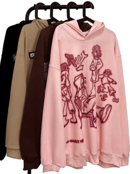 Cartoon Line Character Print Hoodie