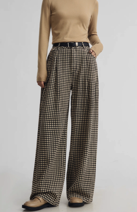 Houndstooth Pleated Buttoned Wide Leg Pants