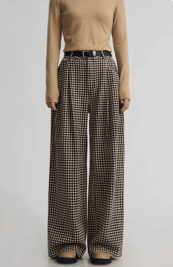 Houndstooth Pleated Buttoned Wide Leg Pants