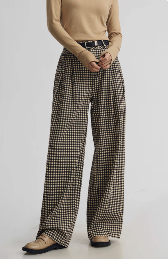 Houndstooth Pleated Buttoned Wide Leg Pants