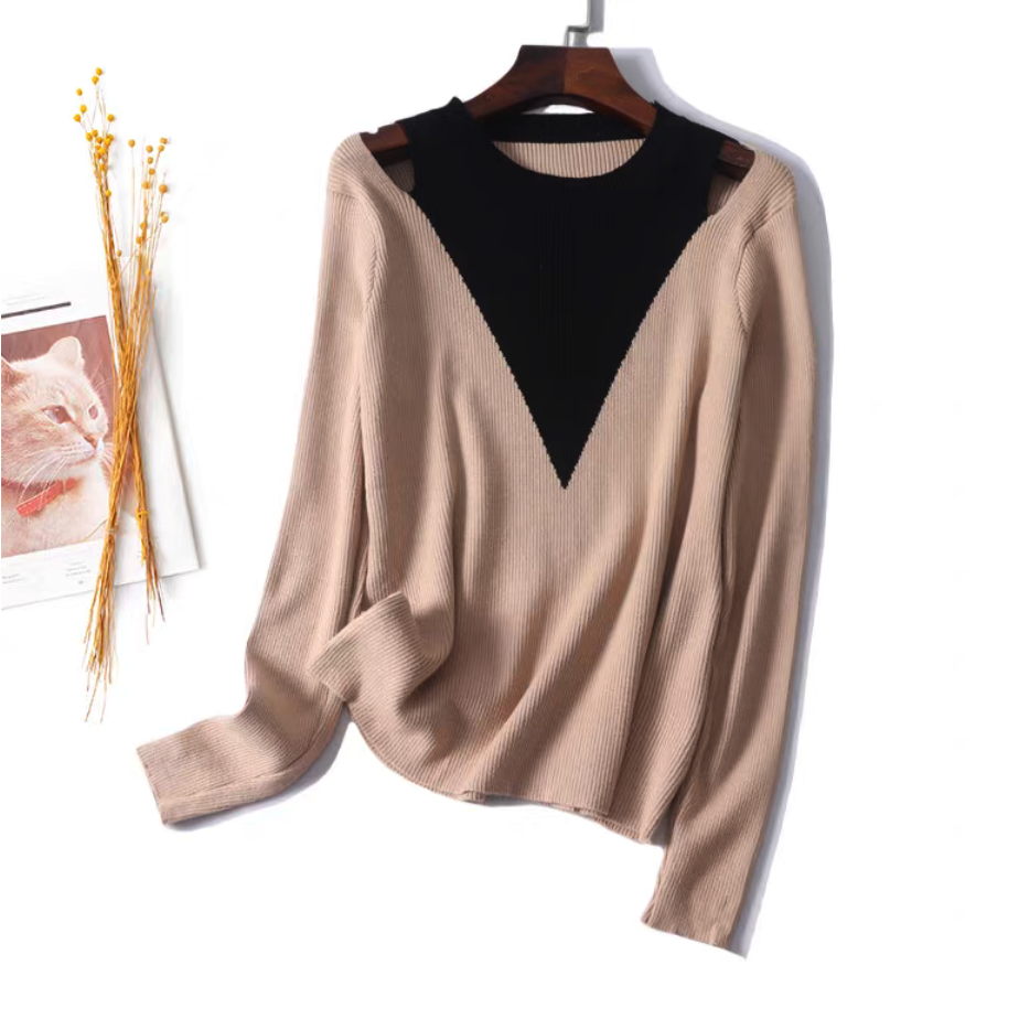 Color Block Mock Neck Fitted Knit Top