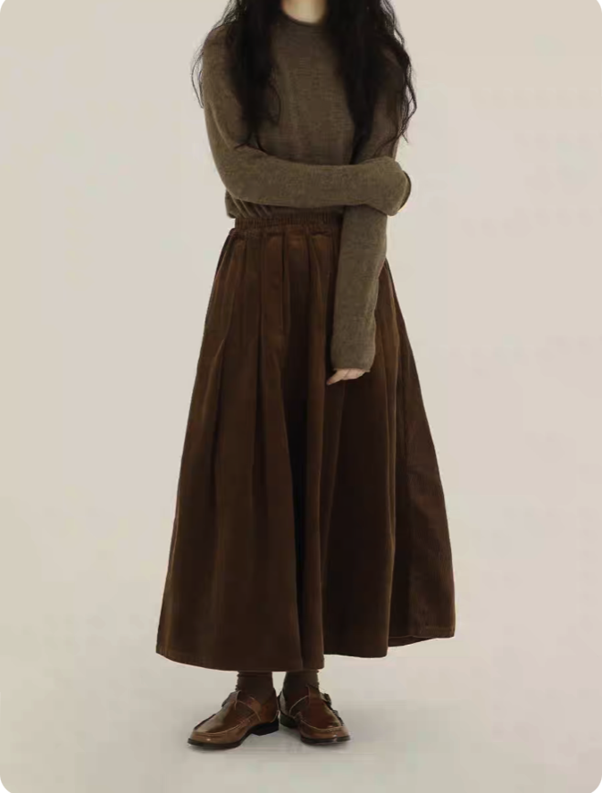 Pleated Corduroy Midi Skirt