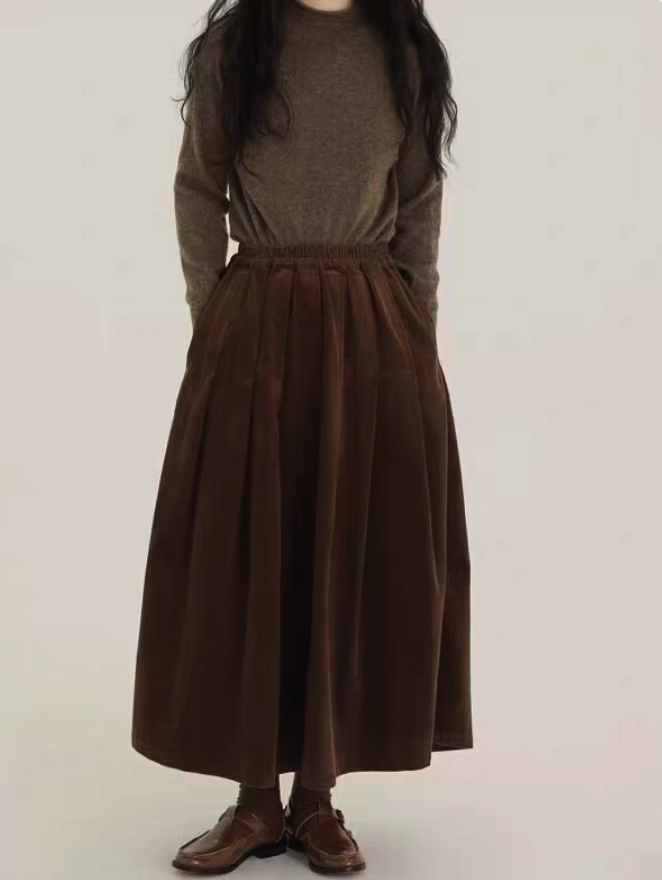 Pleated Corduroy Midi Skirt