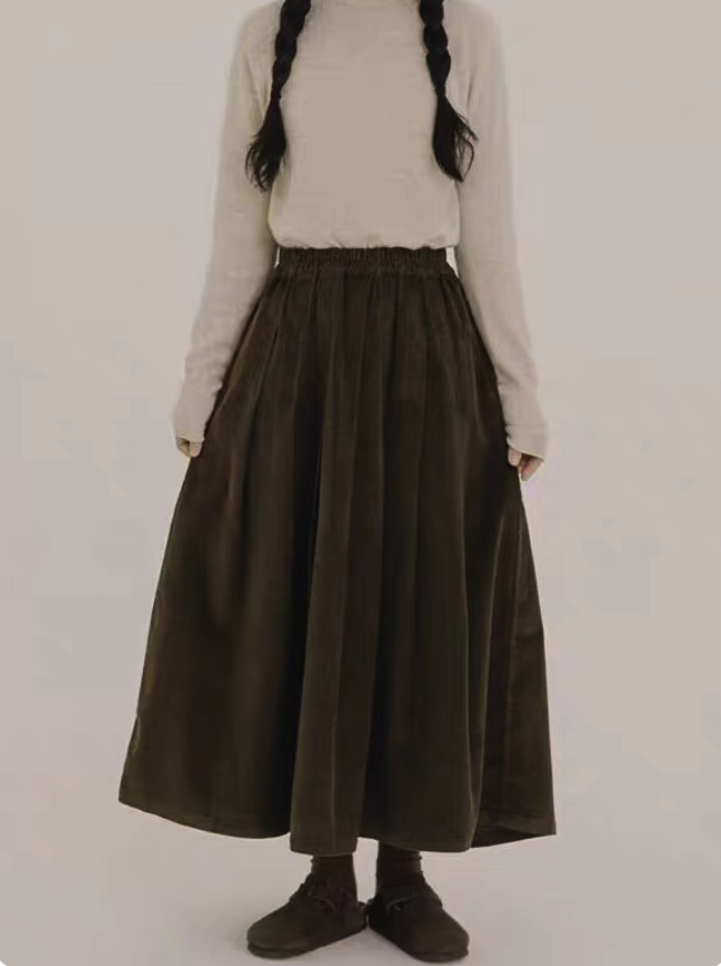 Pleated Corduroy Midi Skirt