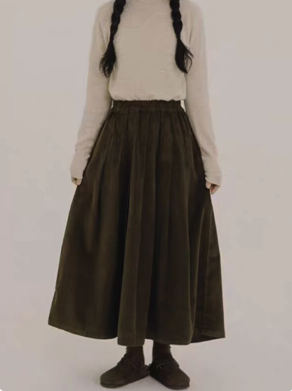 Pleated Corduroy Midi Skirt