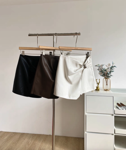 Metal-Detailed Faux Leather Wrap Mini Skirt