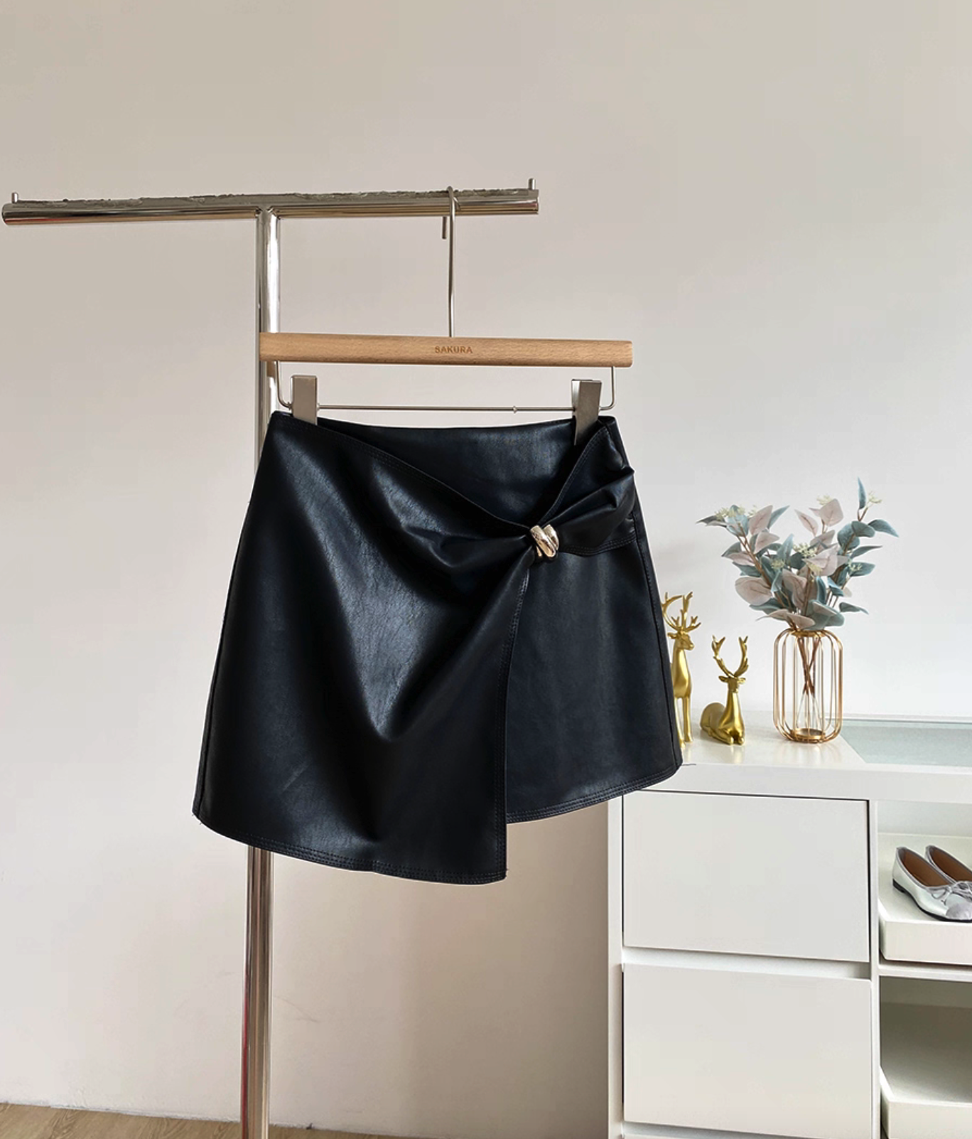 Metal-Detailed Faux Leather Wrap Mini Skirt