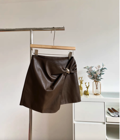 Metal-Detailed Faux Leather Wrap Mini Skirt