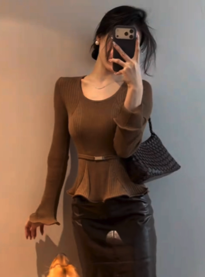 Belted Peplum Corduroy Balloon-Sleeve Top