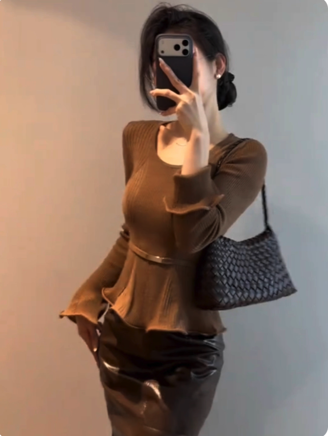 Belted Peplum Corduroy Balloon-Sleeve Top