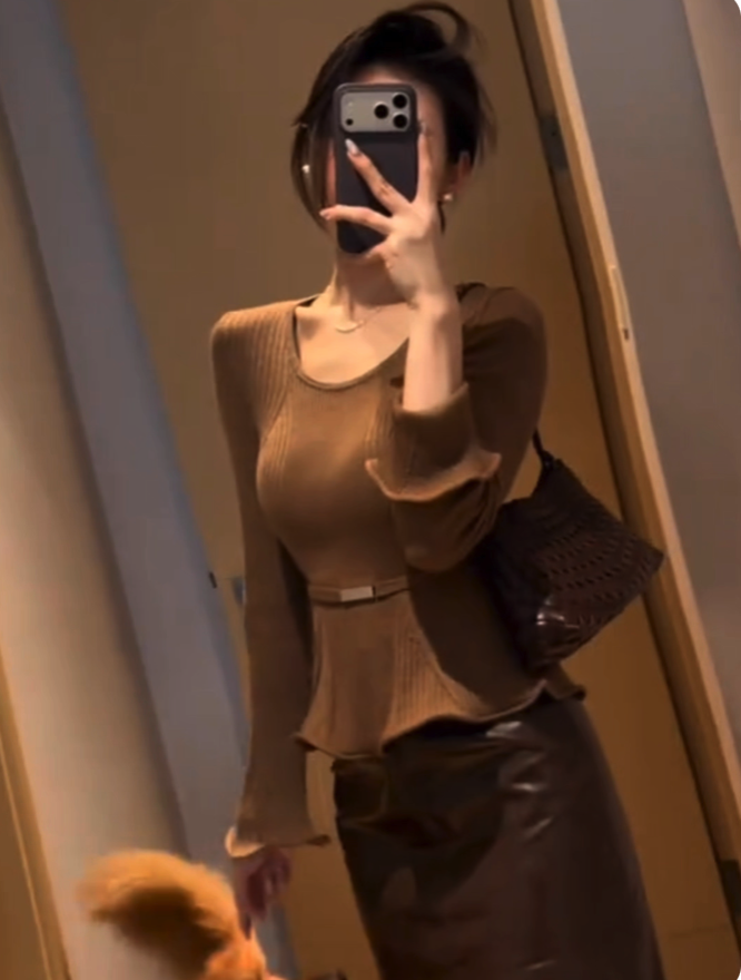 Belted Peplum Corduroy Balloon-Sleeve Top