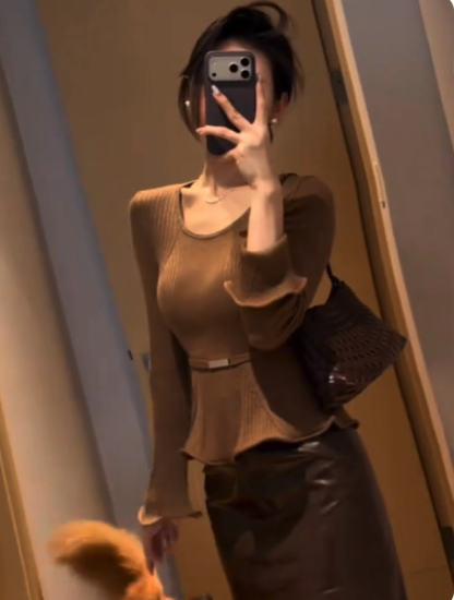 Belted Peplum Corduroy Balloon-Sleeve Top