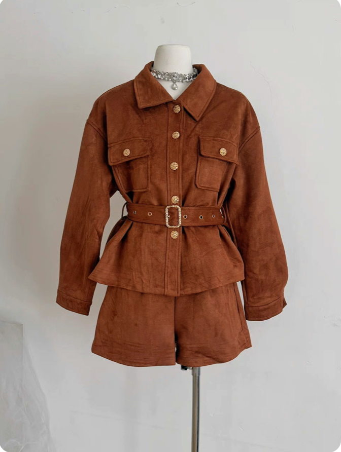 Suede Long-Sleeve Button-Front Jumpsuit