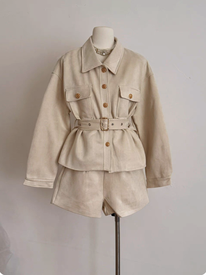 Suede Long-Sleeve Button-Front Jumpsuit