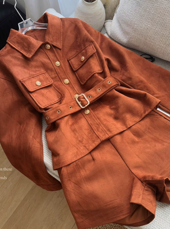 Suede Long-Sleeve Button-Front Jumpsuit