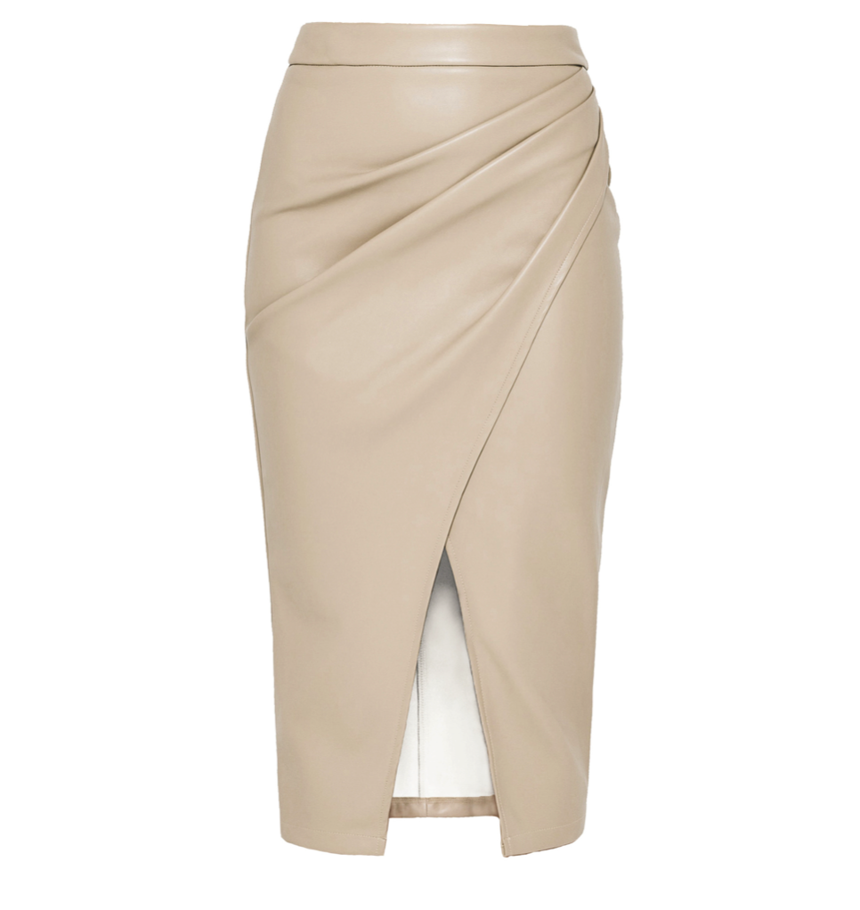 Asymmetric Ruched Slit Faux Leather Midi Skirt