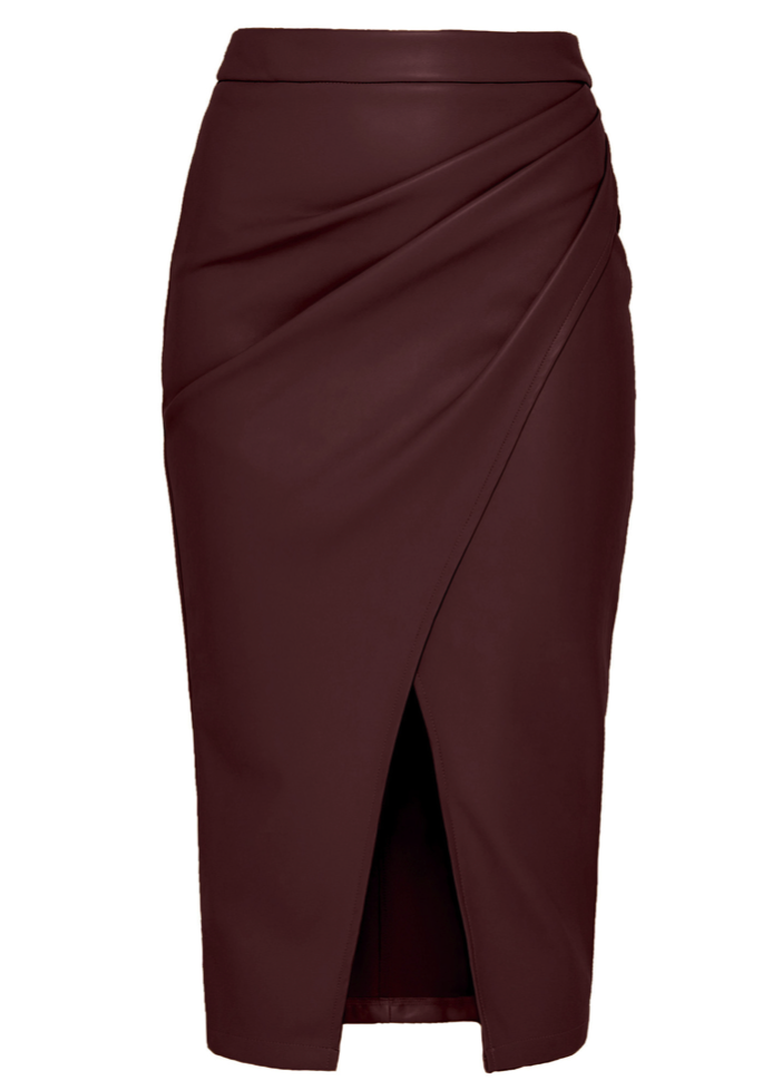Asymmetric Ruched Slit Faux Leather Midi Skirt