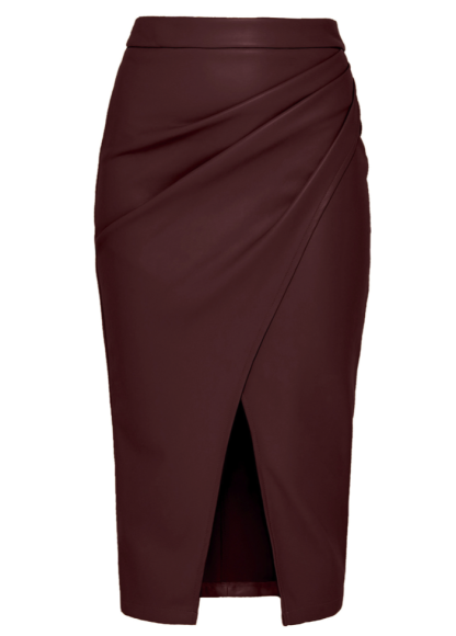 Asymmetric Ruched Slit Faux Leather Midi Skirt