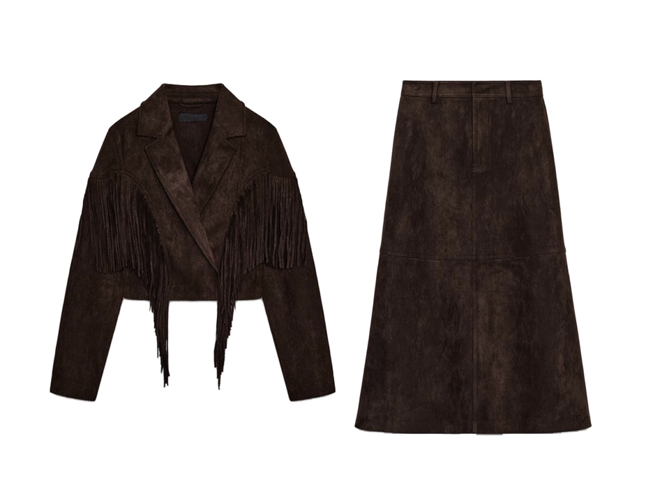Suede Effect Fringe Cropped Blazer & Dress Set