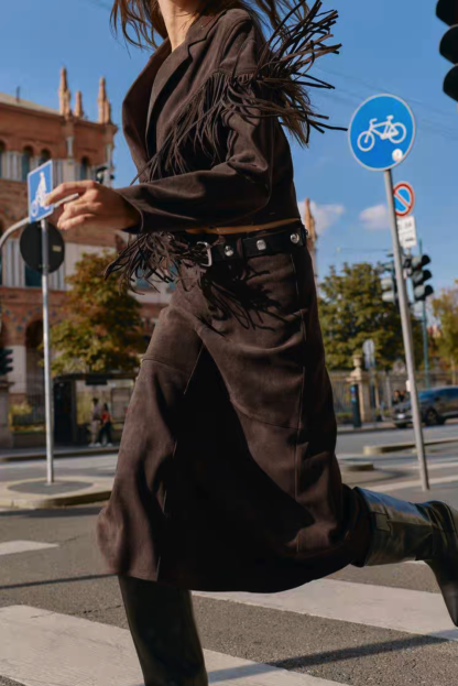 Suede Effect Fringe Cropped Blazer & Dress Set