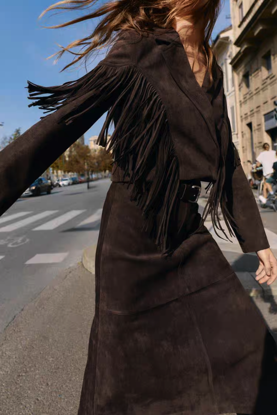 Suede Effect Fringe Cropped Blazer & Dress Set