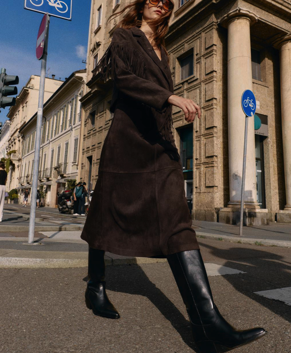 Suede Effect Fringe Cropped Blazer & Dress Set