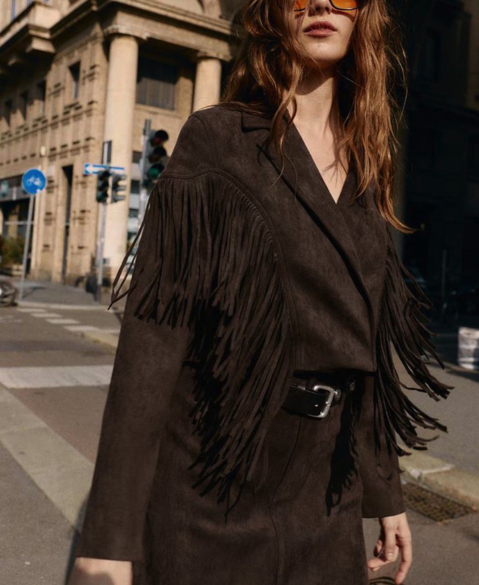 Suede Effect Fringe Cropped Blazer & Dress Set