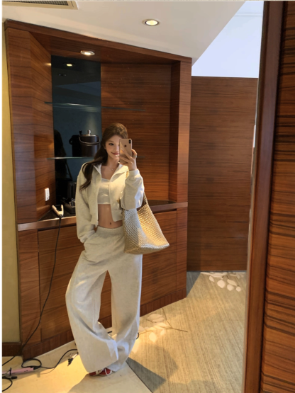 Three-piece set of long-sleeved jacket, short suspenders, slimming, wide-leg trousers