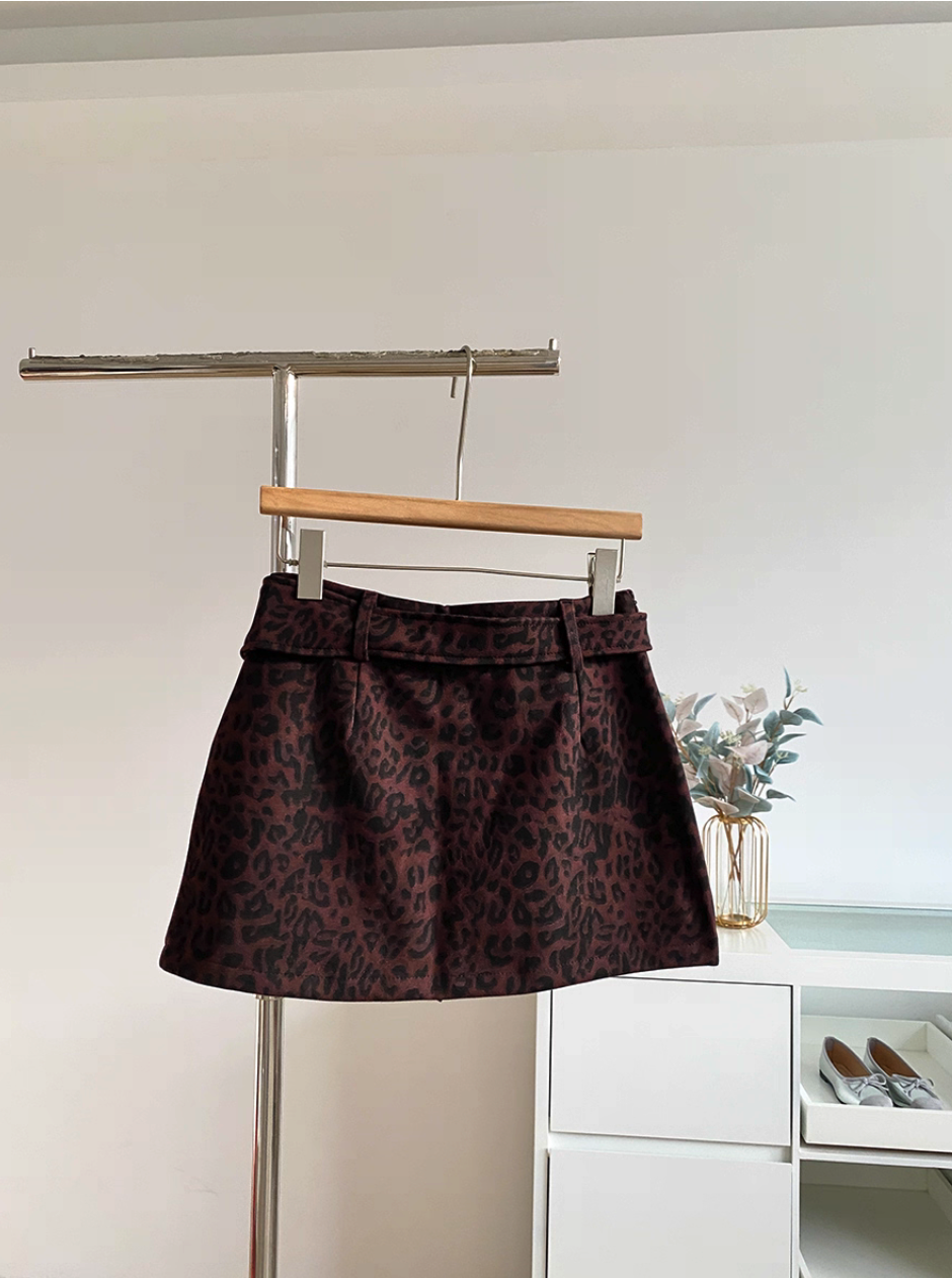 Belted Leopard-Print A-Line Mini Skirt