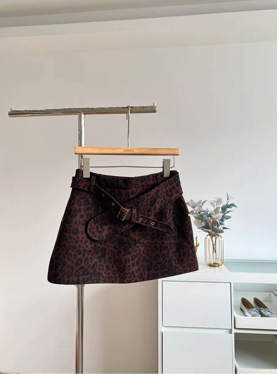 Belted Leopard-Print A-Line Mini Skirt