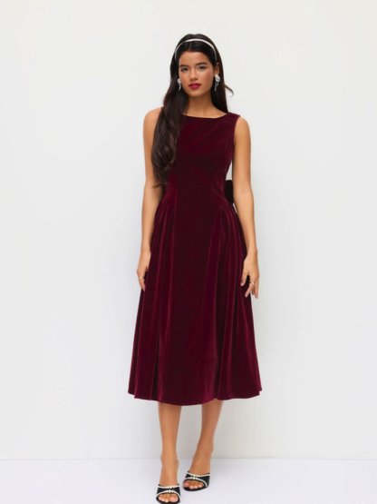 Mesh Back Bow Detail Velvet Maxi Dress